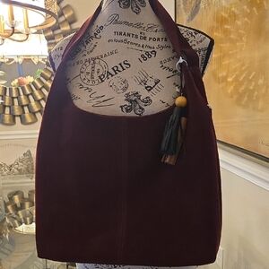 the sak Lux Suede Burgundy/Wine Large Women's Shoulder Bag W/Charm. New